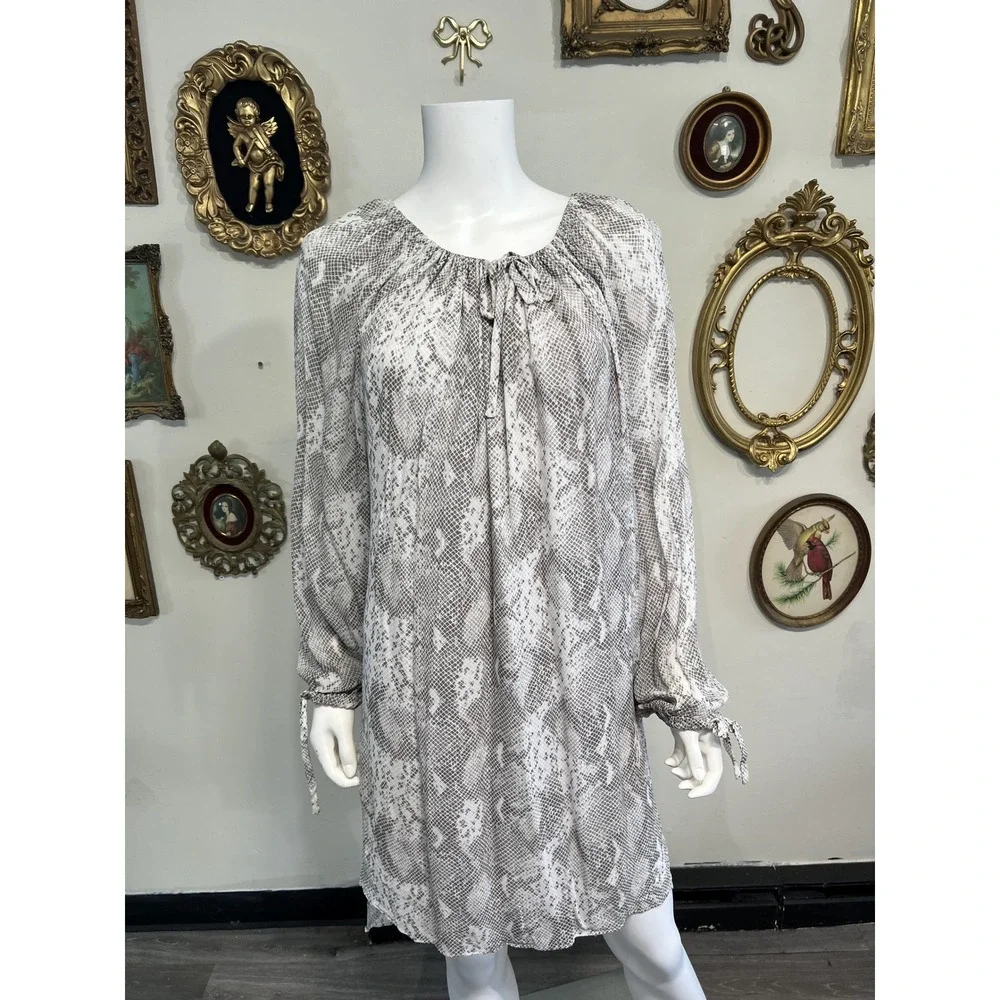AllSaints Snakeskin Animal Print Long Sleeve Tie Neck Shift Dress Size Medium